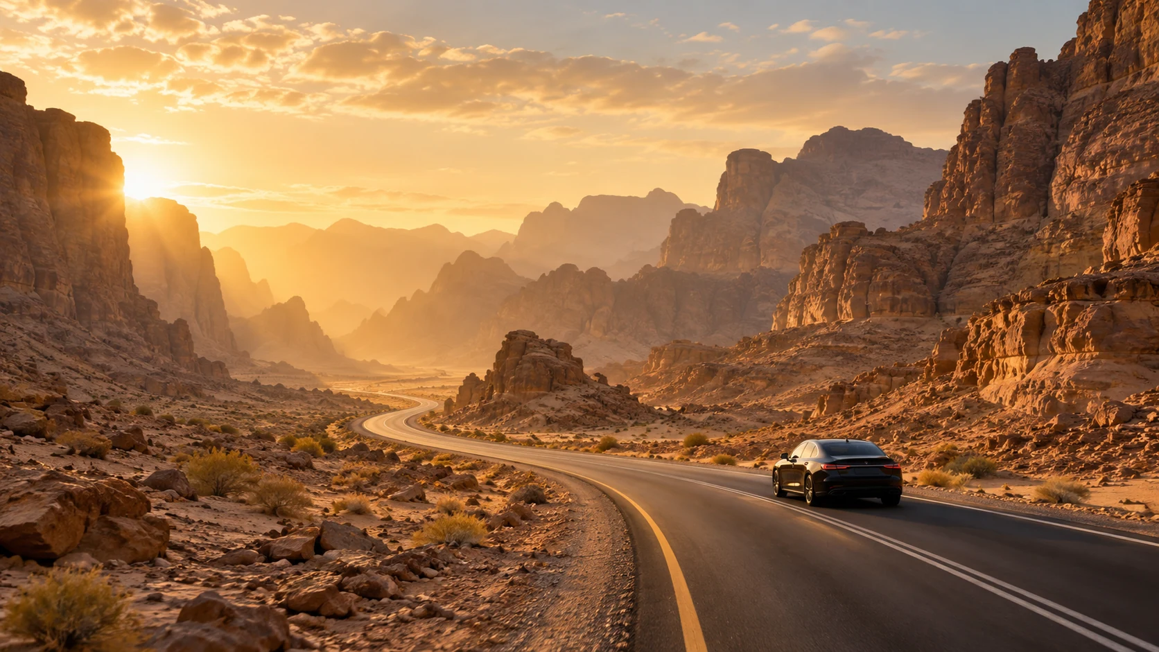 A private sedan on a Saudi desert road, illustrative scene